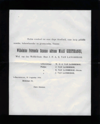 Overlijdensbericht van Wilhelmina Suzanna Petronella MG (1836-1914)